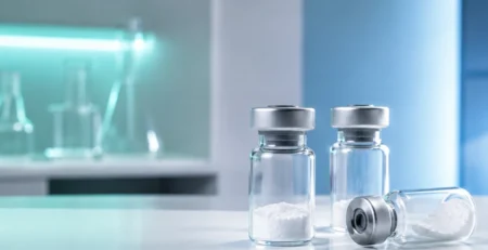 Research peptide vials with lyophilized powder on a clean laboratory surface for Peptiba peptide guide.
