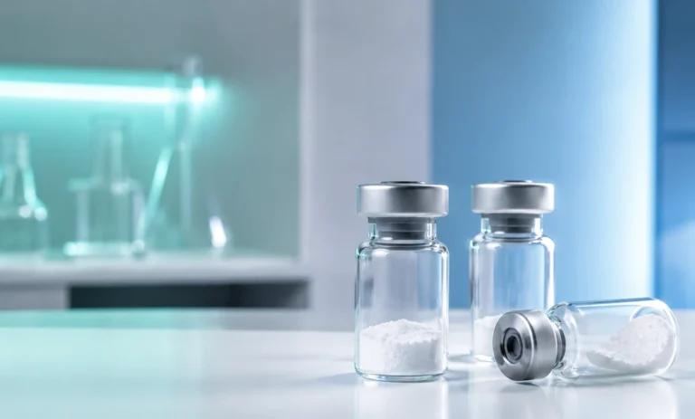 Research peptide vials with lyophilized powder on a clean laboratory surface for Peptiba peptide guide.