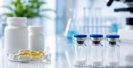 Clean laboratory scene with research peptide vials and supplement capsules for Peptiba article about research peptides vs supplements.