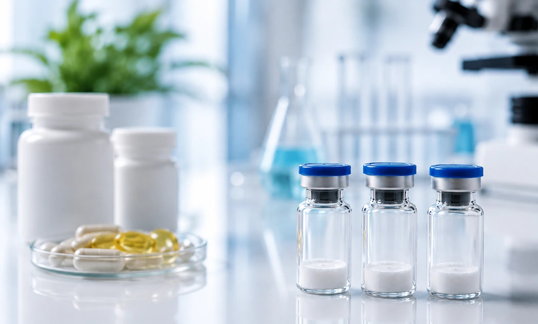 Clean laboratory scene with research peptide vials and supplement capsules for Peptiba article about research peptides vs supplements.
