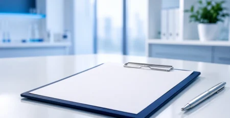 Clean laboratory desk with a clipboard document and pen for Peptiba article about peptide Certificate of Analysis.