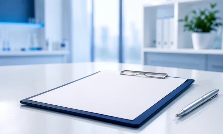 Clean laboratory desk with a clipboard document and pen for Peptiba article about peptide Certificate of Analysis.