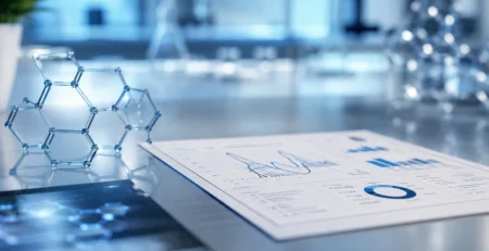 Clean laboratory analysis scene with scientific report and molecular model for Peptiba article about peptide purity.