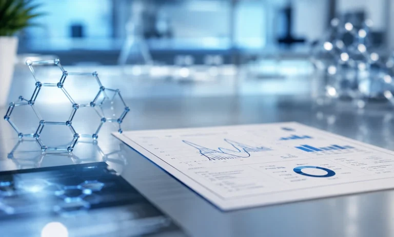 Clean laboratory analysis scene with scientific report and molecular model for Peptiba article about peptide purity.
