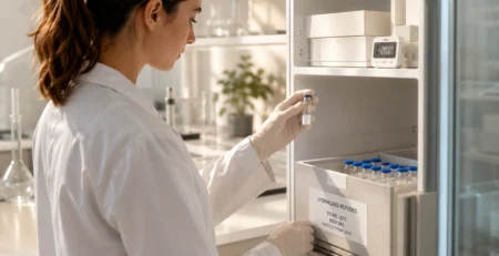 Scientist storing lyophilized peptides in a laboratory freezer for Peptiba article about proper peptide storage.