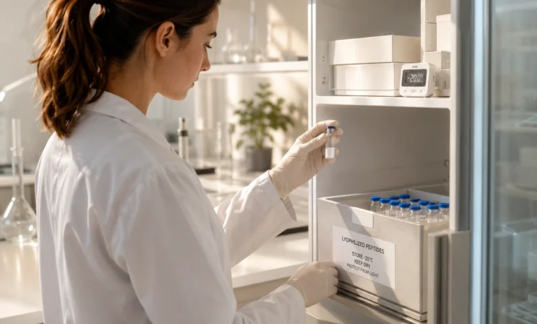 Scientist storing lyophilized peptides in a laboratory freezer for Peptiba article about proper peptide storage.