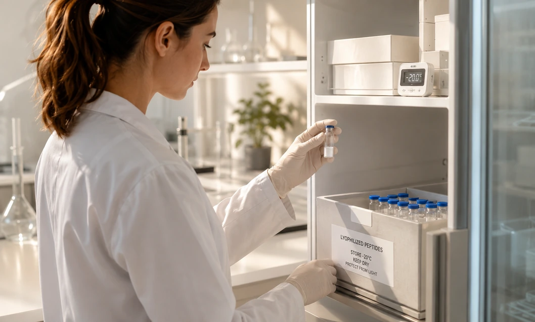 Scientist storing lyophilized peptides in a laboratory freezer for Peptiba article about proper peptide storage.