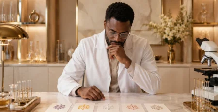 Male scientist in a premium laboratory office reviewing research sample cards for Peptiba article about peptide categories.