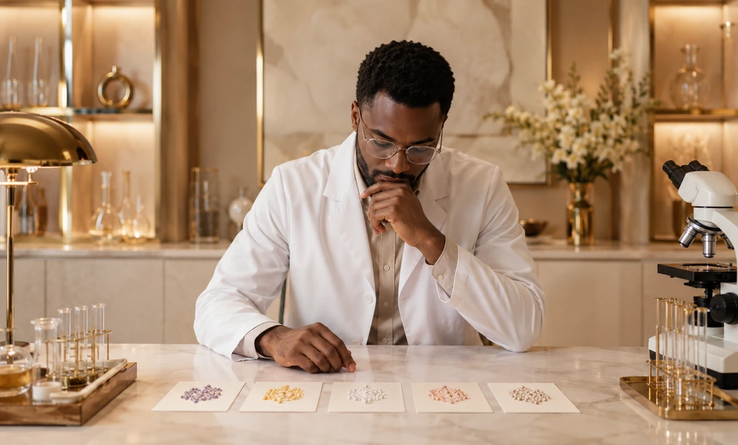 Male scientist in a premium laboratory office reviewing research sample cards for Peptiba article about peptide categories.