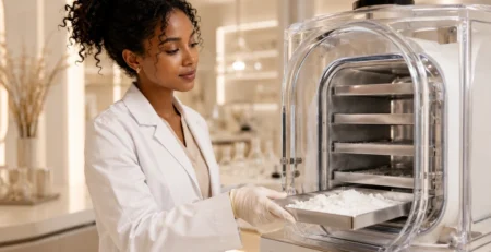 Scientist handling freeze-dried peptide powder in a modern laboratory for Peptiba article about lyophilized peptide powder.