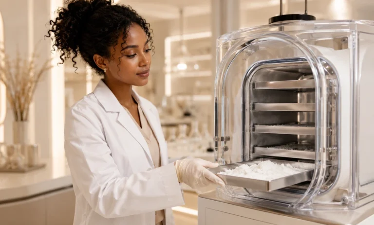 Scientist handling freeze-dried peptide powder in a modern laboratory for Peptiba article about lyophilized peptide powder.